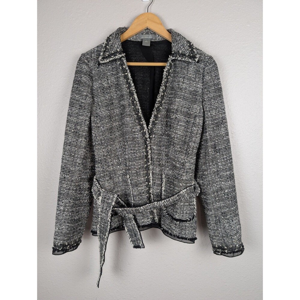 Ann Taylor Tweed Blazer Jacket Black Gray Belted Size 6